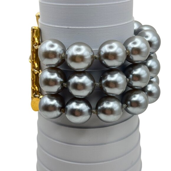 Joan Rivers Bracelet Gold  Silver-Tone Adjustable Three-Strand Faux Pearl Signed - Picture 7 of 8